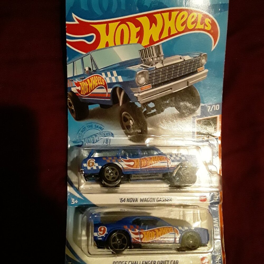 2 HW RACE TEAM CARS '64 NOVA WAGON GASSER, DODGE CHALLENGER DRIFT CAR HOT WHEELS